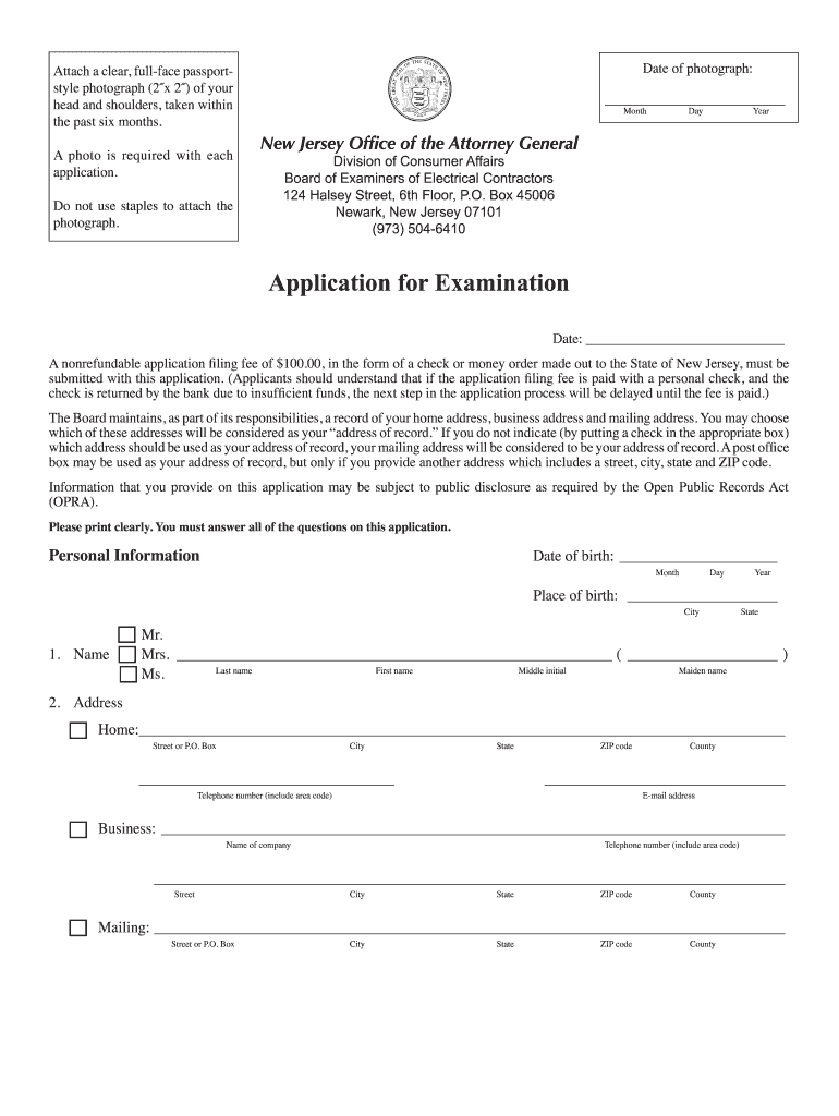 New Jersey Application for Examination  Form