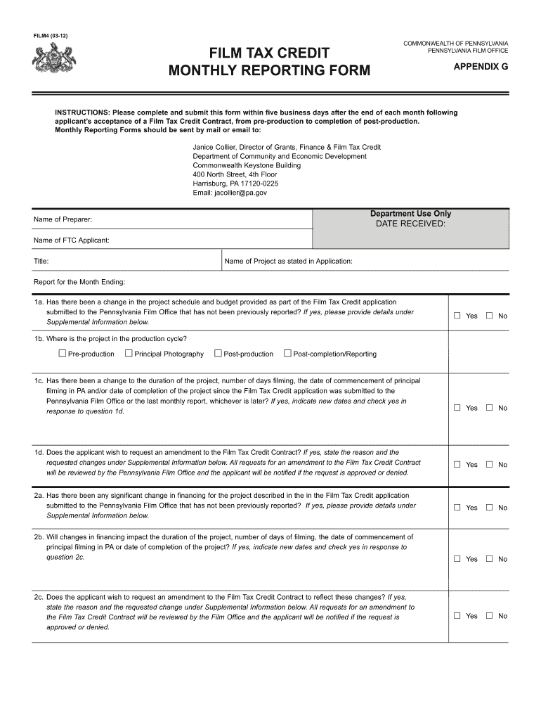 FILM TAX CREDIT MONTHLY REPORTING FORM Film in PA