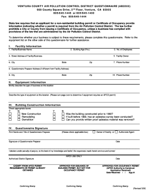 Ventura County Air Pollution Control Questionairre Ab3205  Form