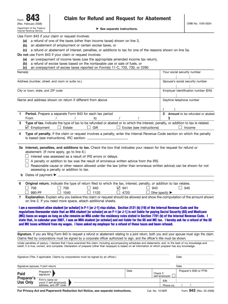  Form 843 Rev February Claim for Refund and Request for Abatement Wings Buffalo 2008