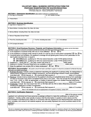 Voluntary Small Business Certification Form for Pesticide Registration Fee Waiverreduction