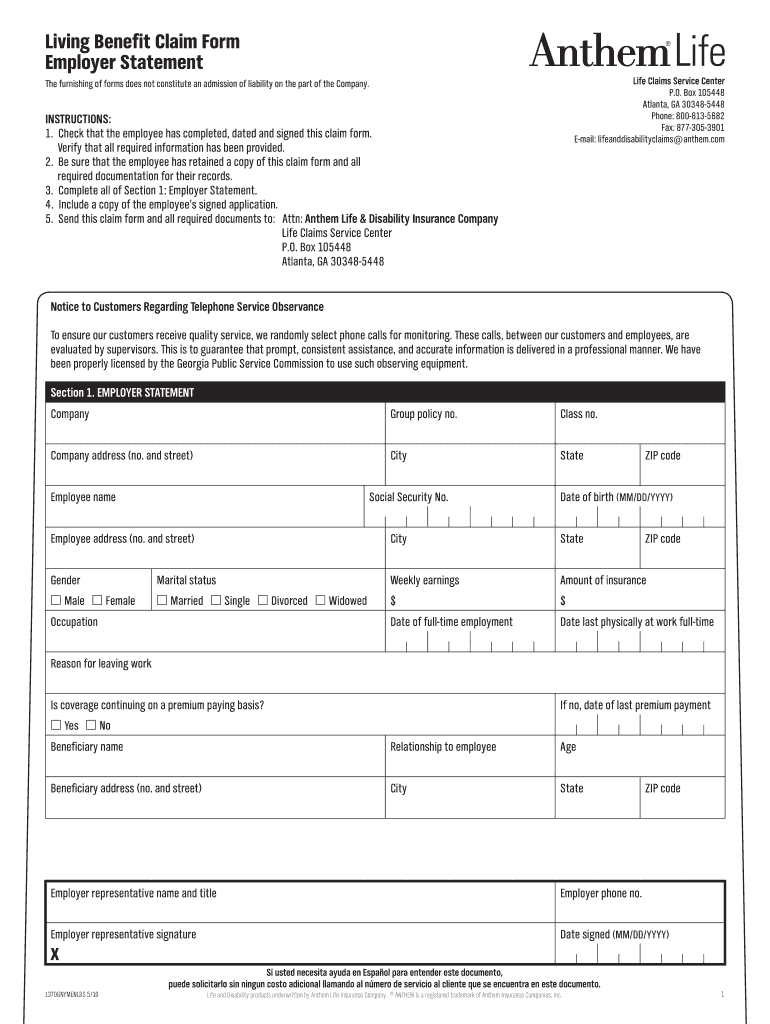 Living Benefit Claim Form Employer Statement EmpireBlue