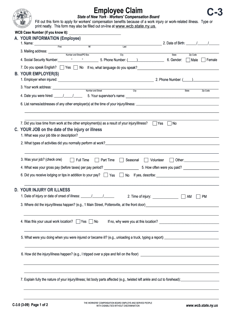  Ny Work Compensation Wc3 Form 2009