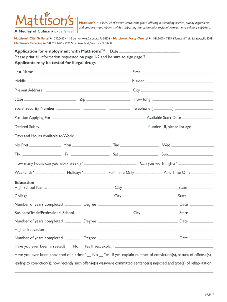 Application for Employment with Mattison&#39;s Date Please Print All  Form