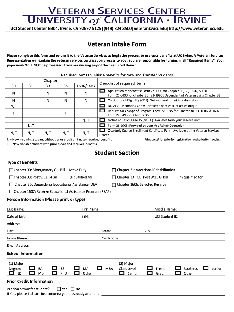 Intake Form2  Veteran Uci