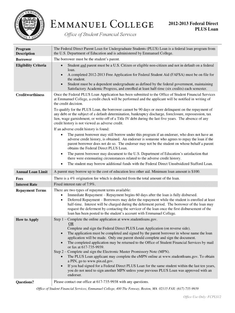 Emmanuel College Federal Direct Parent Plus Loan Form