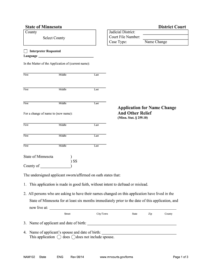  State of Minnesota District Court Application for Name Change and    Mncourts 2014