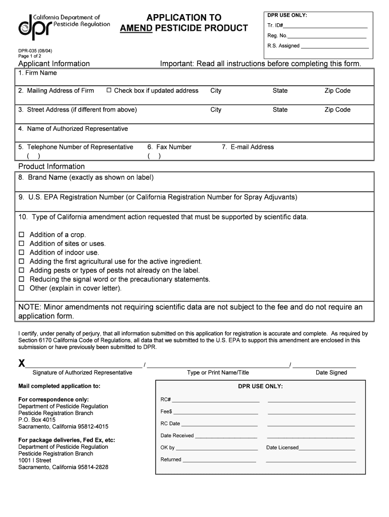 Application to Amend Pesticide Product California Department of Cdpr Ca  Form