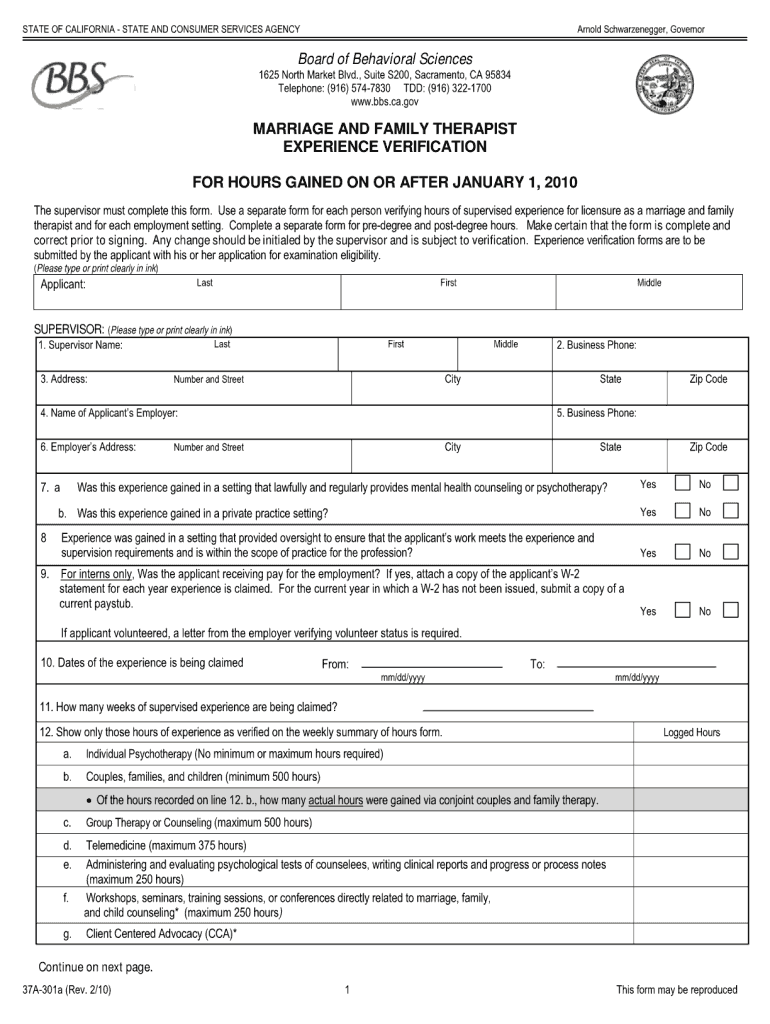  Marriage and Family Therapist Experience Verification for Hours Gained Before Form 2010