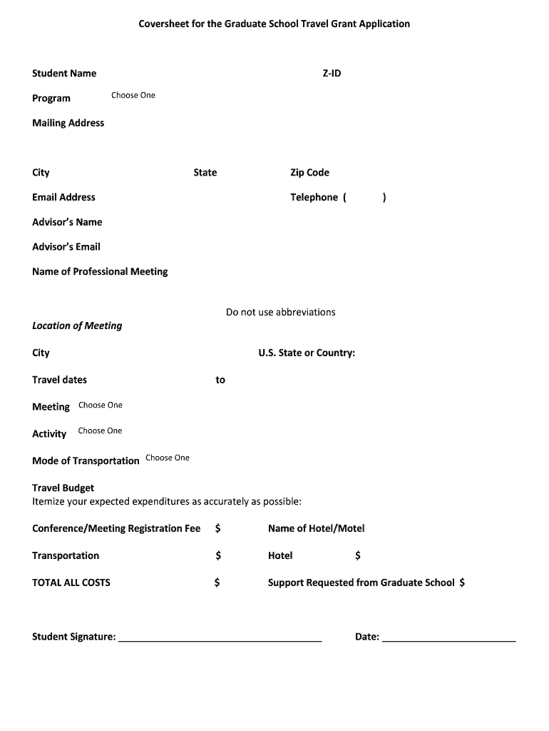 Coversheet for the Graduate School Travel Grant Application Grad Niu  Form