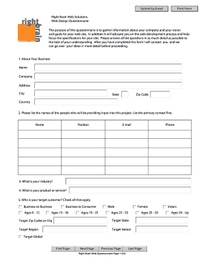 Submit by Email Right Brain Web Solutions Web Design Questionnaire Print Form the Purpose of This Questionnaire is to Gather Inf