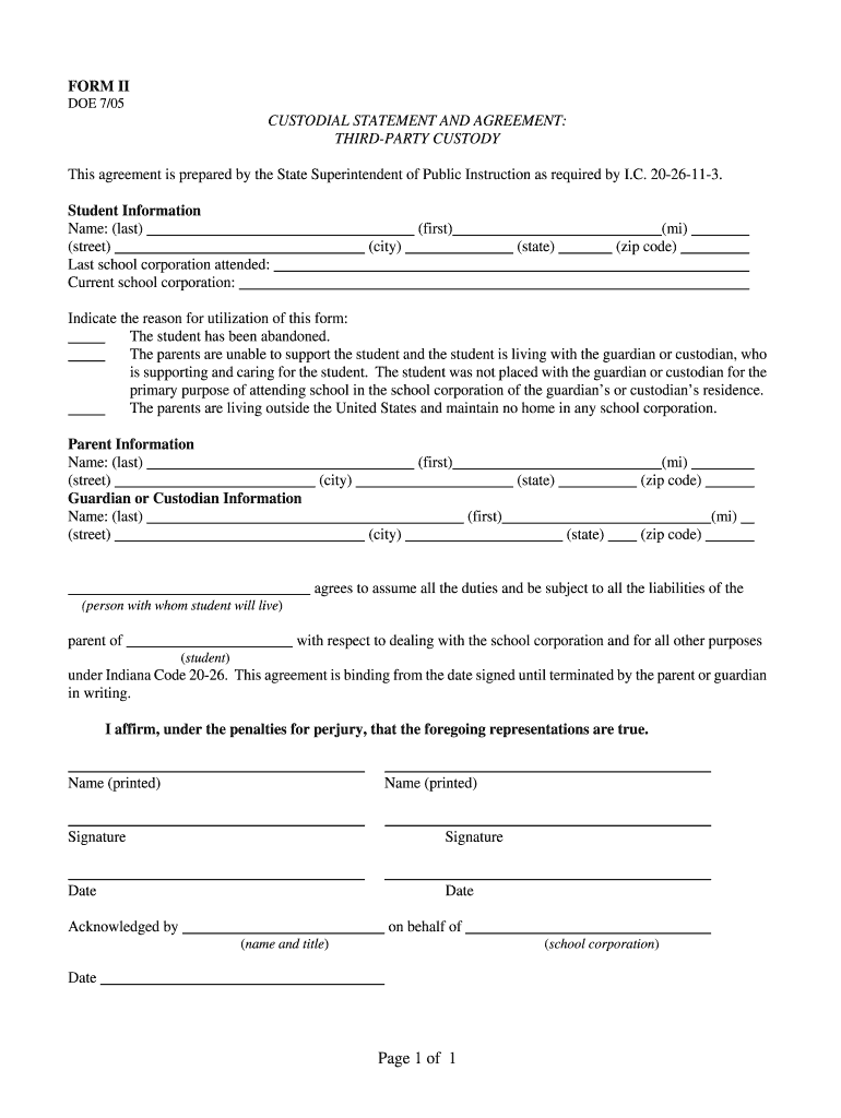 Custodial Statement and Agreement Third Party Custody Form 2005