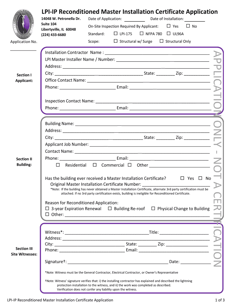 LPI Reconditioned Master Installation Certificate Application LPI IP  Form