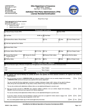 INS3258 Individual Third Party Administrators TPA License RenewalContinuation  Form