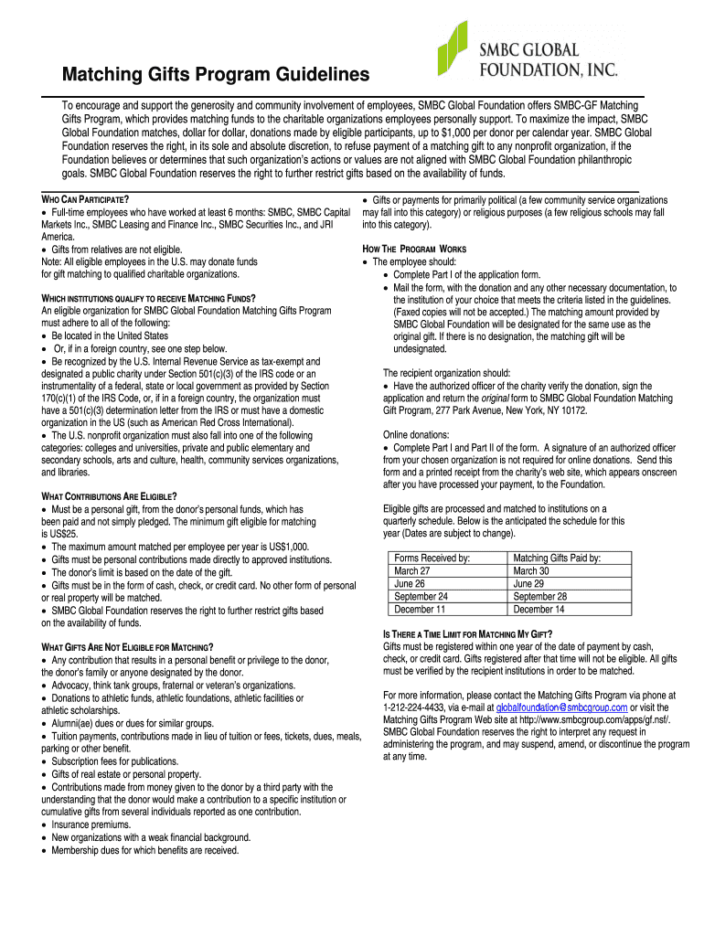 To Encourage and Support the Generosity and Community Involvement of Employees, SMBC Global Foundation Offers SMBC GF Matching G  Form