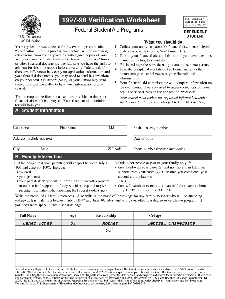 98 Verification Worksheet  FinAid  Finaid  Form