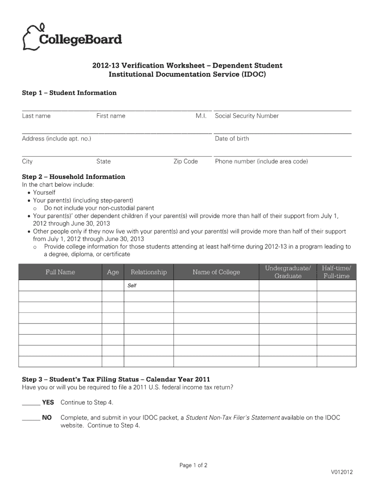  Download Independent Verification Worksheet for Santa Monica College Form 2012