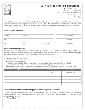 13 Dependent Verification Worksheet Granite State College Granite  Form