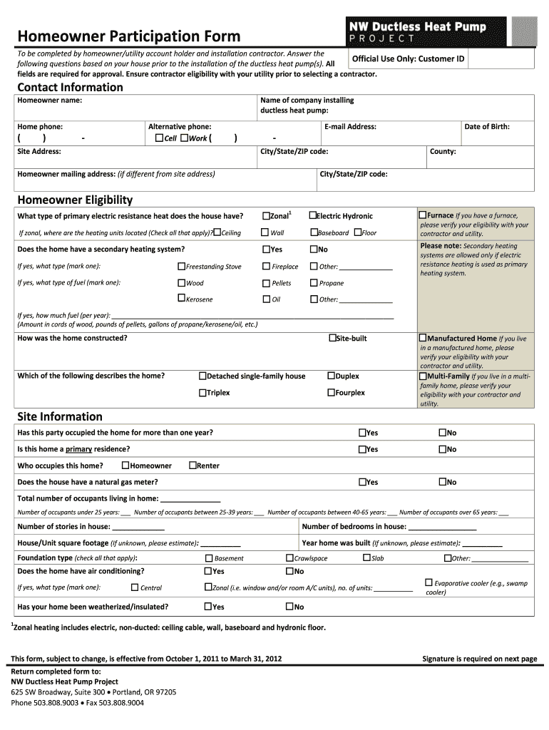 Homeowner Participation Form to Be Completed by Homeownerutility Account Holder and Installation Contractor