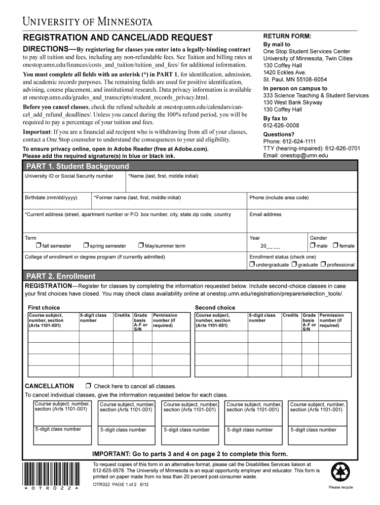 REGISTRATION and CANCELADD REQUEST Policy Umn  Form