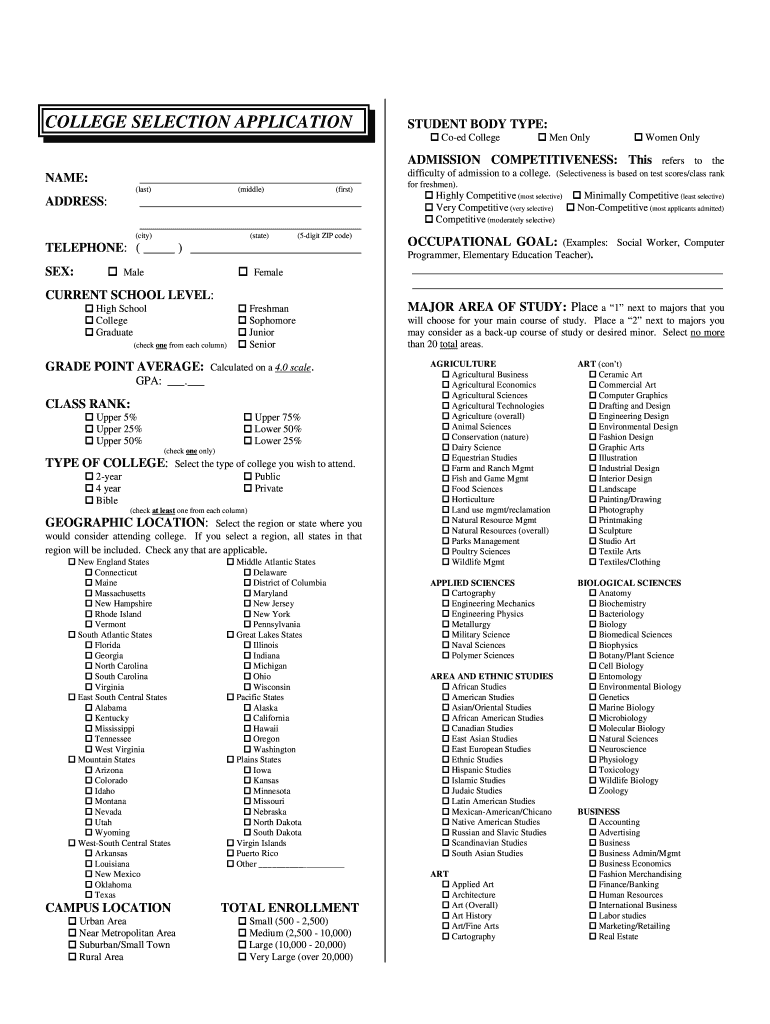 COLLEGE SELECTION APPLICATION Powt  Form