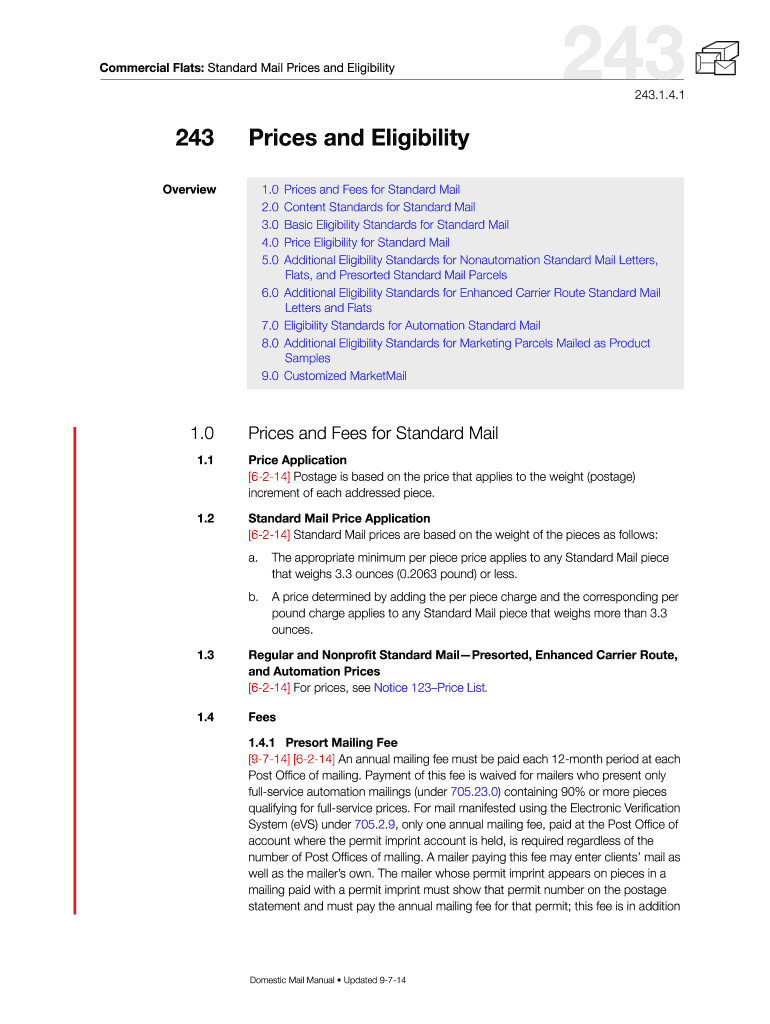 DMM 243 Standard Mail Prices and Eligibility for USPS Pe Usps  Form