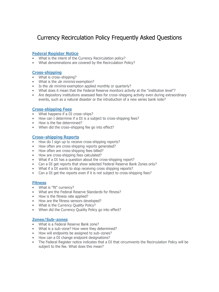 Currency Recirculation Policy FAQs Frbservices Org  Form