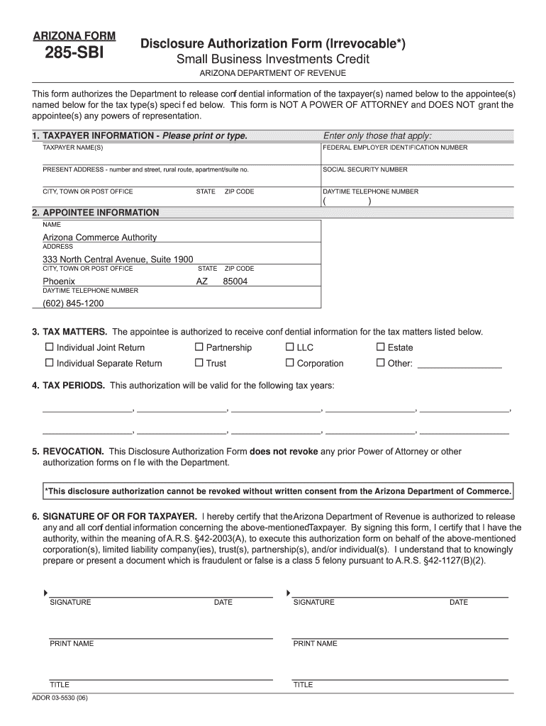  Arizona Form 285 2006