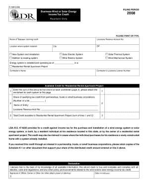 R 1081309 Business Wind or Solar Energy Income Tax Credit Resident Only FILING PERIOD PLEASE PRINT or TYPE Revenue Louisiana  Form