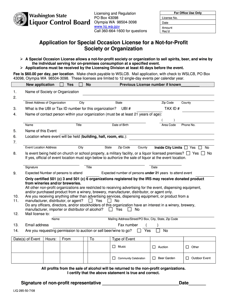 Application for Special Occasion License for a Not for Profit Society or Seattleu  Form