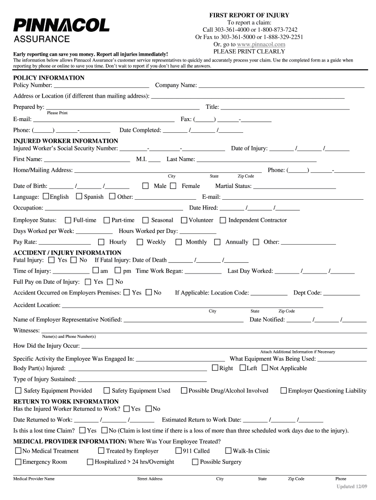  Pinnacol First Report of Injury Form 2009