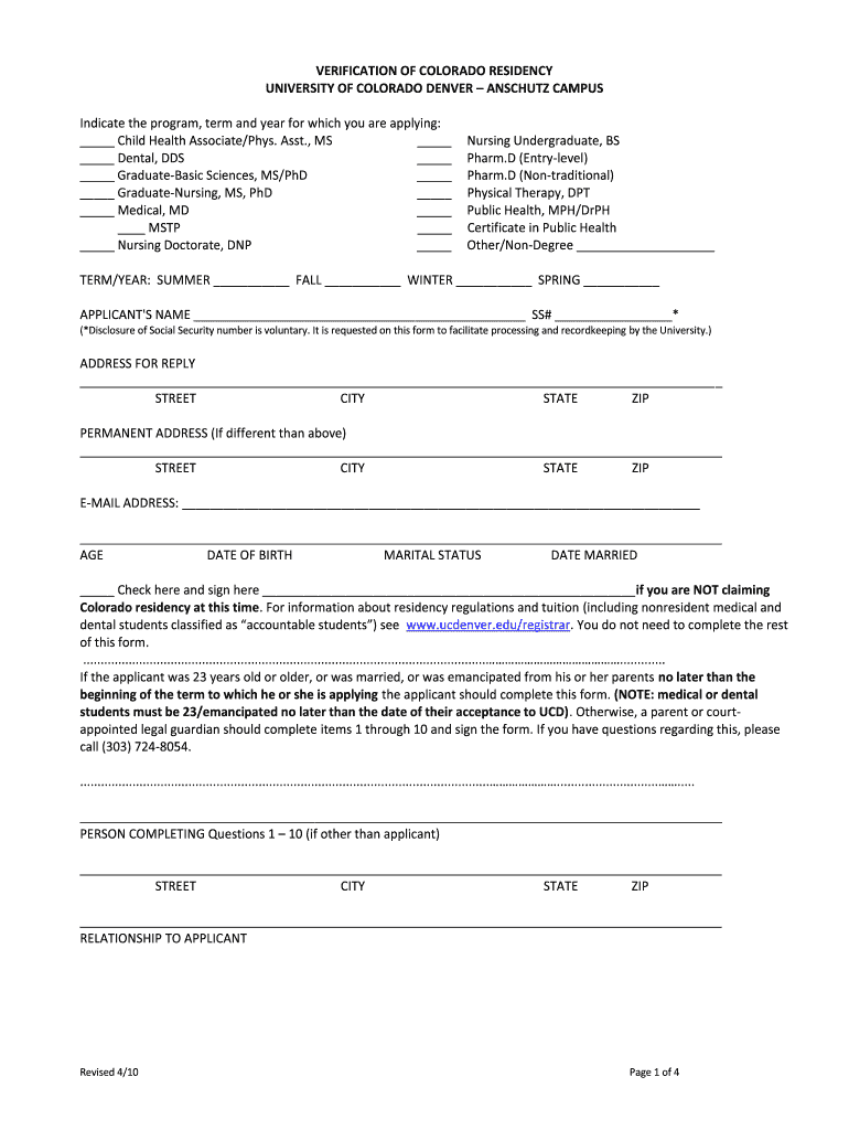 VERIFICATION of COLORADO RESIDENCY  Ucdenver  Form