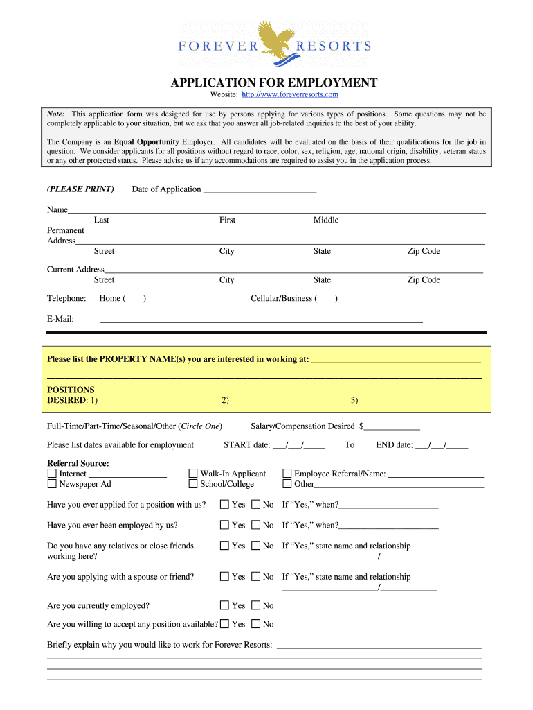  Forver Resort Application Form 2007-2024