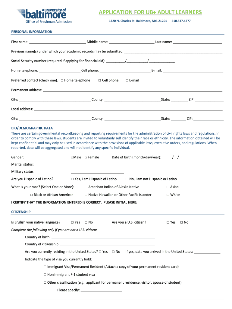 APPLICATION for UB ADULT LEARNERS Ubalt  Form