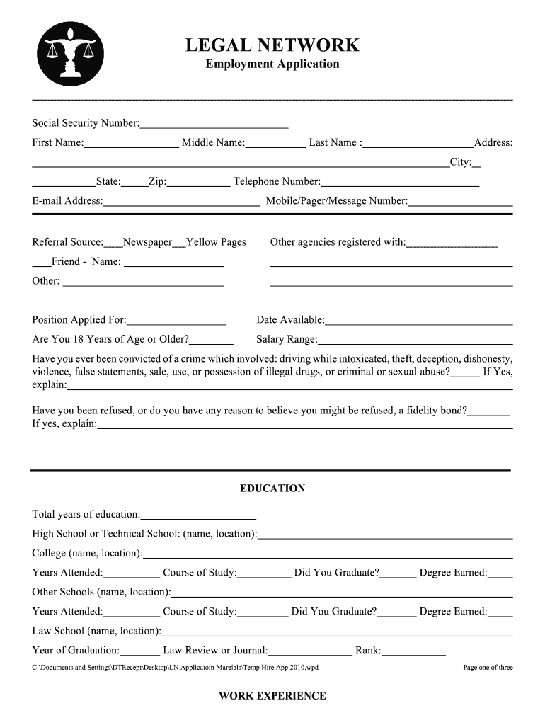 Temp Hire Application Legal Network  Form