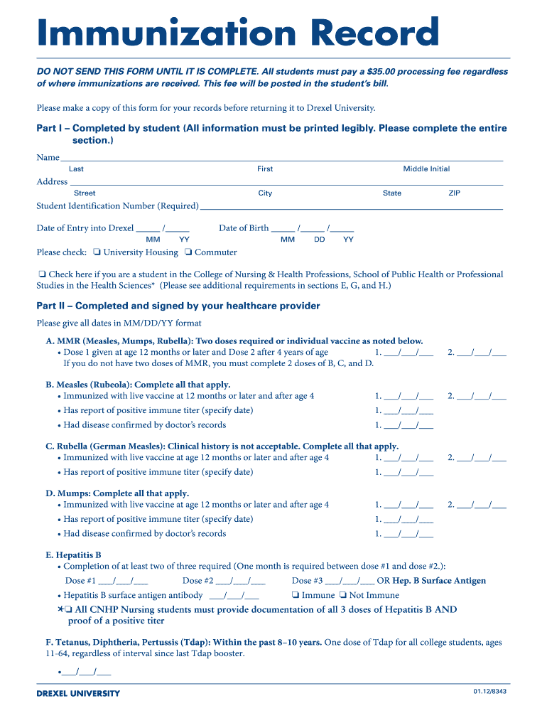  Drexel Immunization Records Form 2012