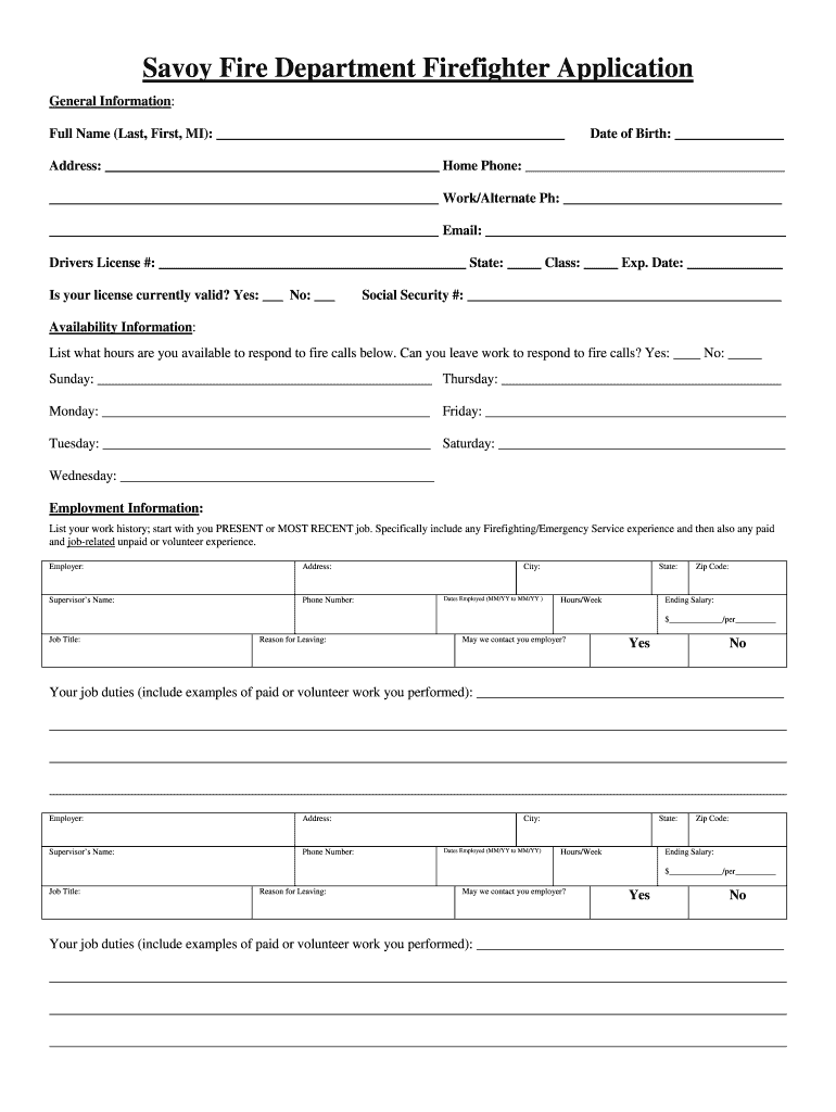 Savoy Fire Department Firefighter Application  Form