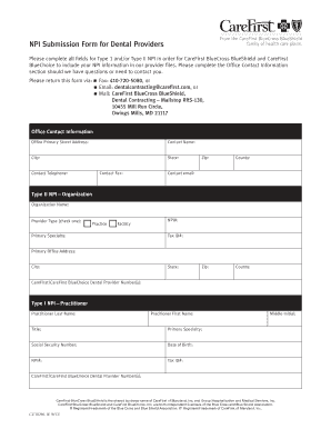 NPI Submission Form for Dental Providers CareFirst