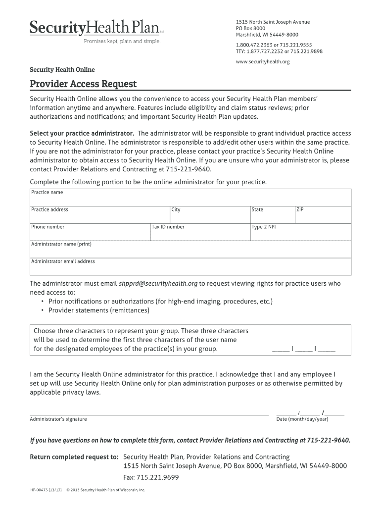 Security Health Online Provider Access Request Securityhealth  Form