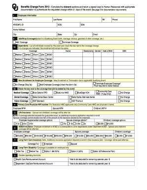 Benefits Change Form Complete the Relevant Sections and Hr Ou