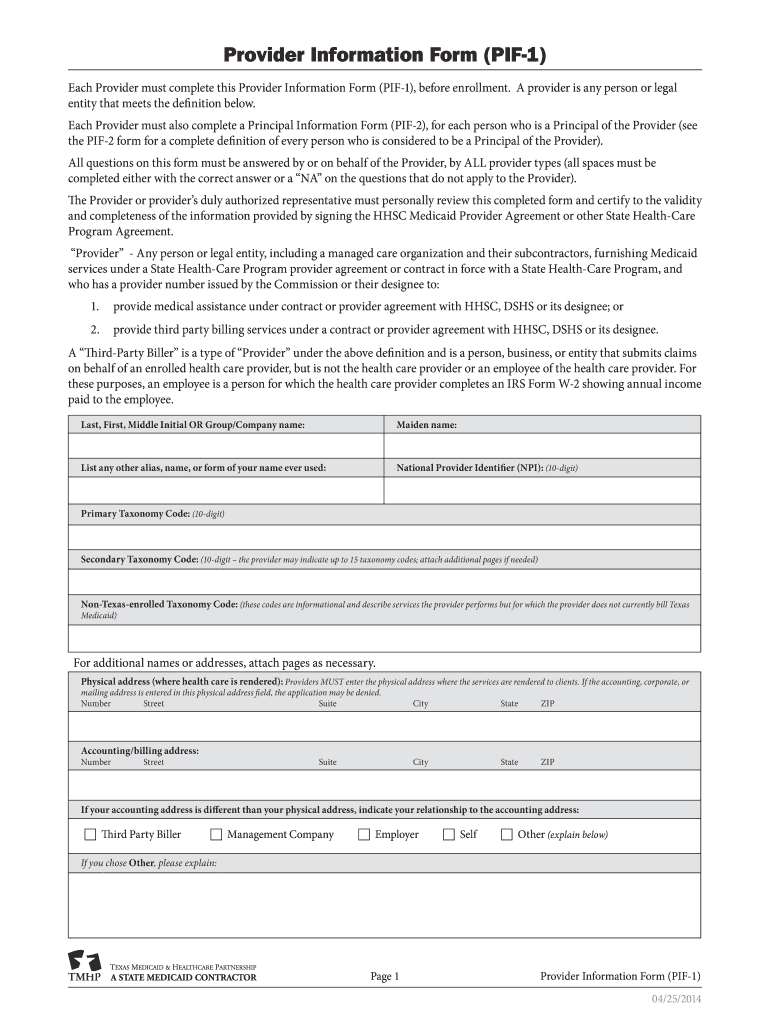  Provider Information Form Pif 1 Fillable 2014