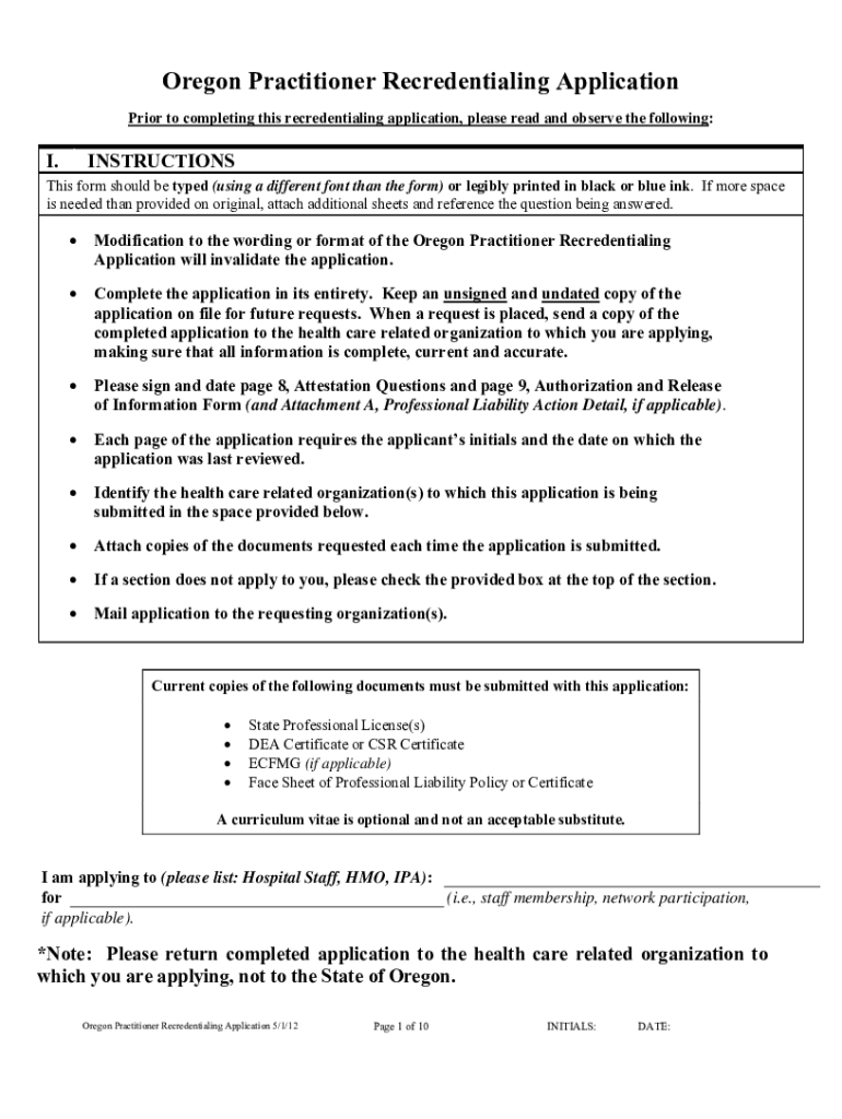  Oregon Practitioner Recredentialing Application 2012-2024