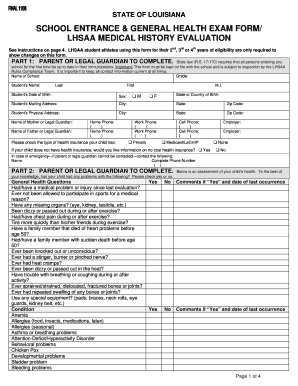 State of Louisiana School Entrance and General Health Exam Form