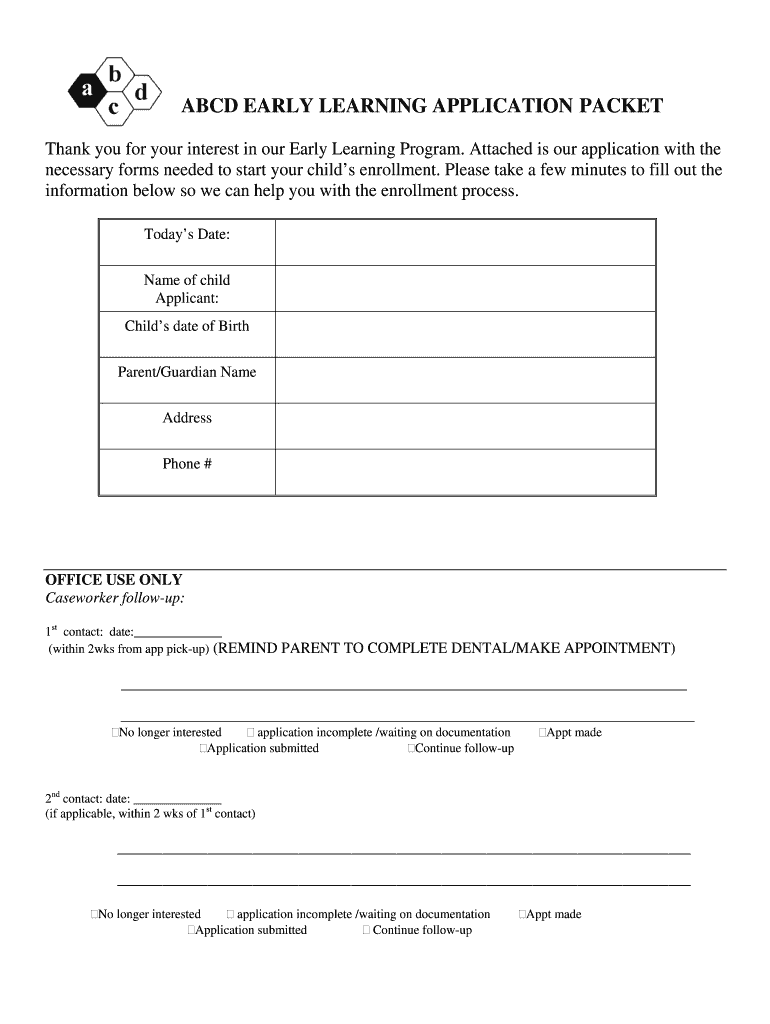 ABCD EARLY LEARNING APPLICATION PACKET Abcd  Form