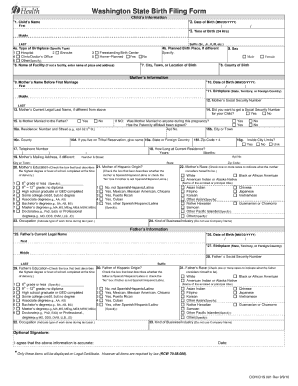  Washington State Birth Filing Form 2010
