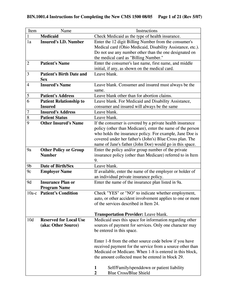 BIN 1001 4 Instructions for Completing the New CMS 1500 0805 Ohiohcp  Form