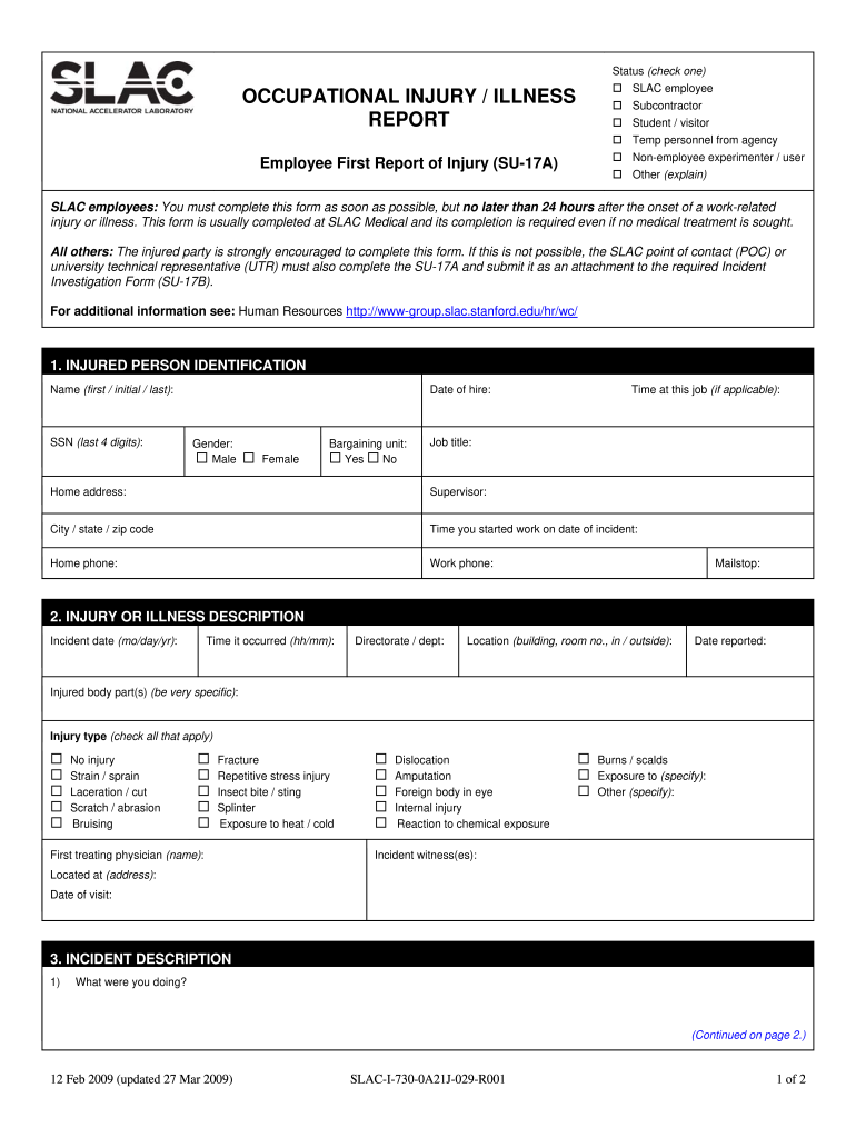  1st Report of Injury Form 2009-2024