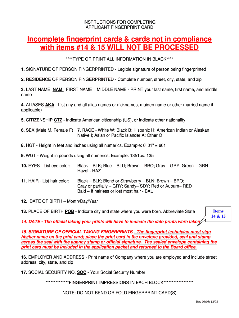 Fingerprint Card Instructions Idaho Board of Pharmacy Bop Idaho  Form