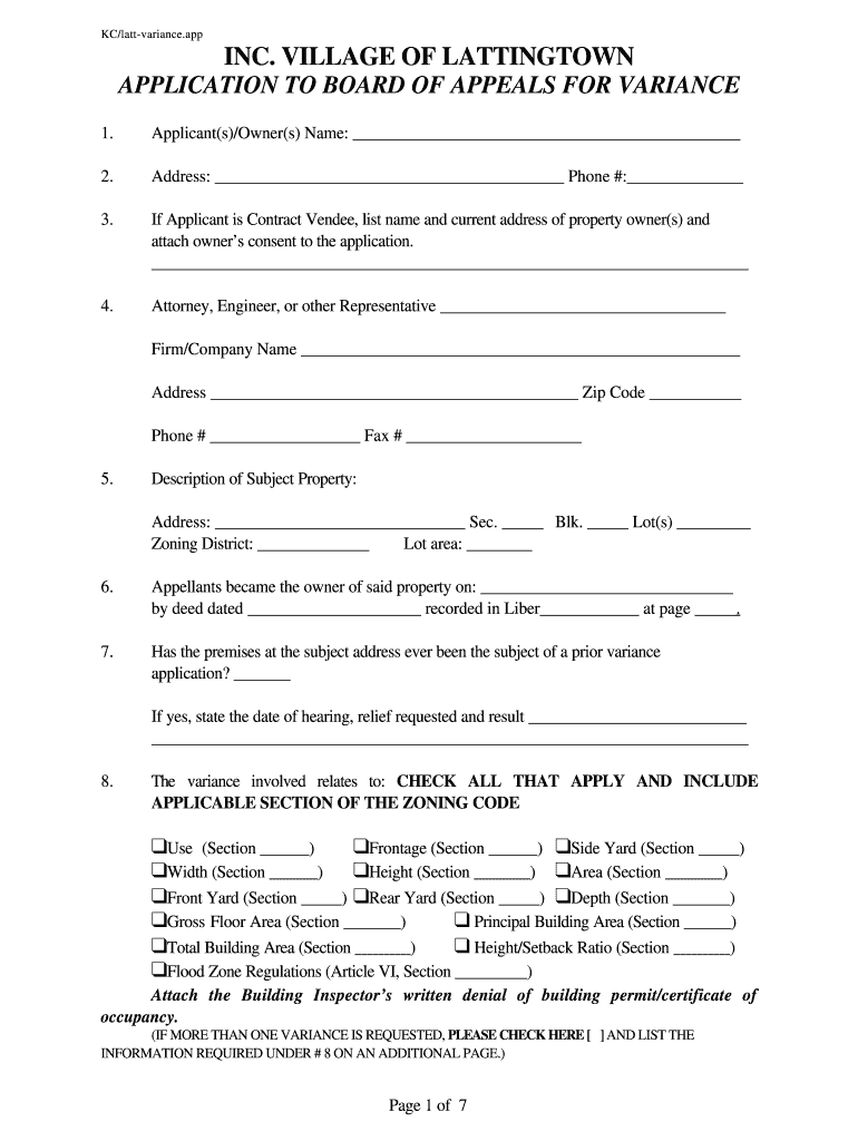 Application to Board of Appeals for Variance  Incorporated Village  Form