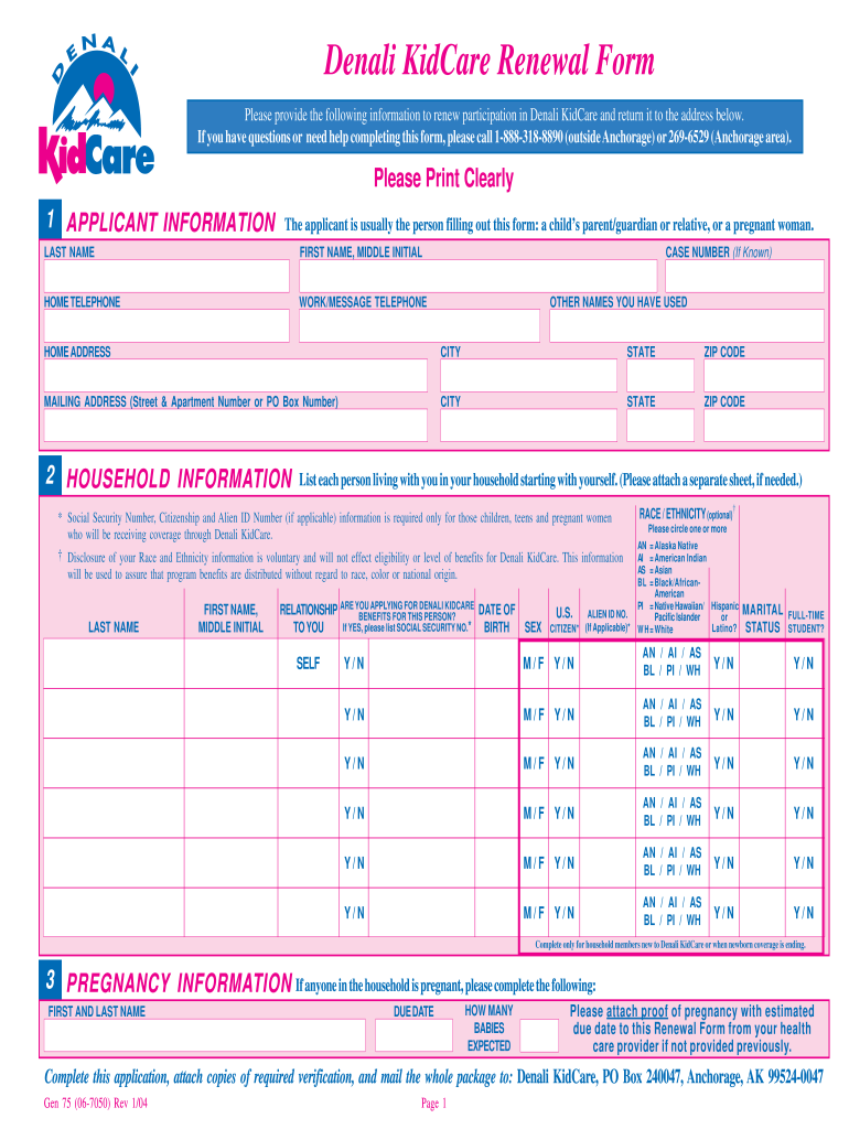  Denali Kidcare Renewal Application 2004-2024